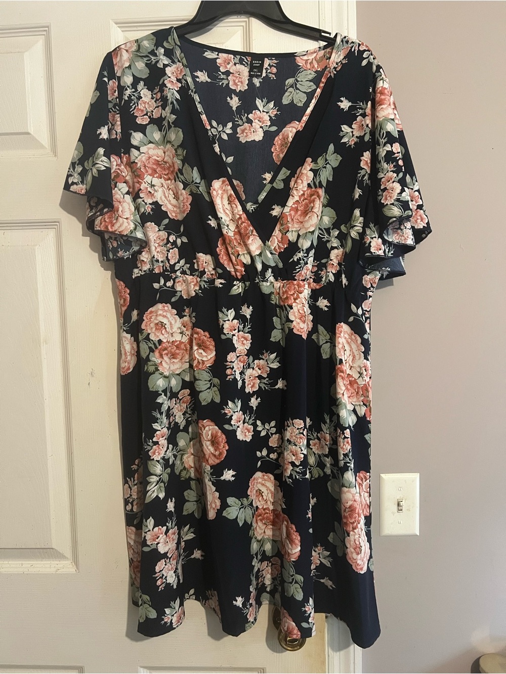 SHEIN Navy Midi Dress with Pink Rose Floral Print